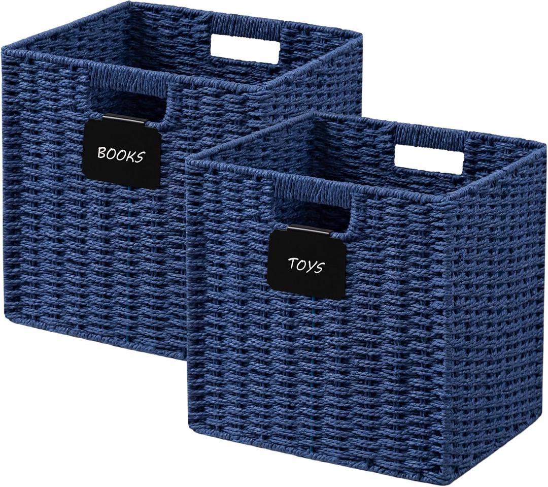 UBBCARE 2 Pack Wicker Basket, 10.5×10.5 Storage Cubes with Label, Foldable Cube Storage Bin with Handle, Square Storage Basket for Shelves, Woven Paper Rope Basket for Organizing, Blue