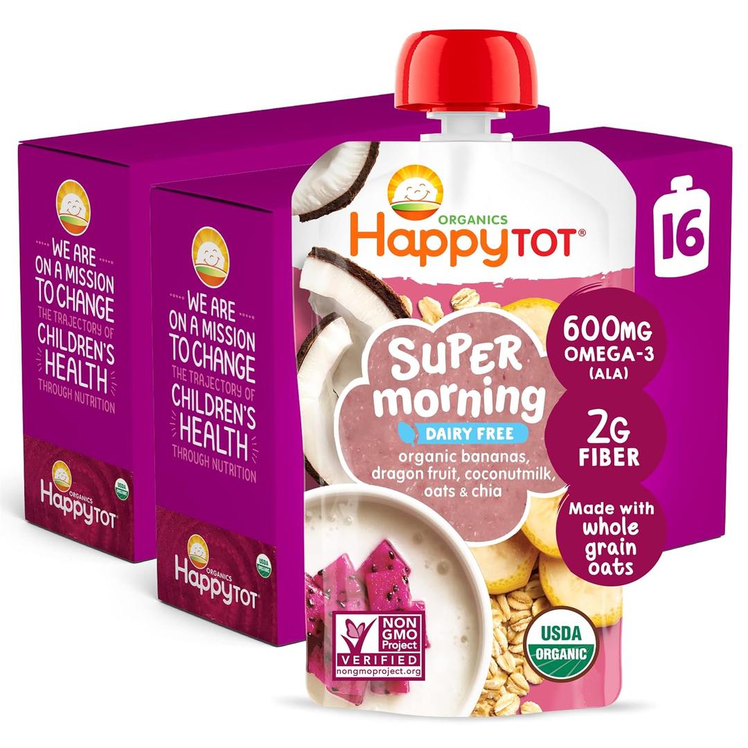 HAPPYTOT Organics Stage 4 Baby Food Pouches, Gluten Free, Vegan & Dairy Free Snack, Super Morning Fruit & Oat Blend, Bananas, Dragon Fruit, Coconutmilk, Oats & Chia, 4 Oz (Pack of 16) BBD June 22 2027