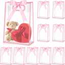 Aliceset 12 Pcs Clear Plastic Gift Bag with Die Cut Handles Valentine's Day Reusable PP Favor Bag with Ribbon for Wedding Bridal Birthday Baby Shower Party Small Business, 7x10x3.15 Inch(Pink)