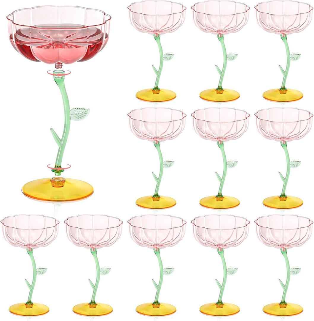 12 Pcs Pink Plastic Ribbed Coupe Glasses Detachable 7oz Flower Cocktail Glasses Modern Wavy Plastic Cocktail Coupes Disposable Martini Glasses Mimosa Glassware champagne goblets (12, PInk)