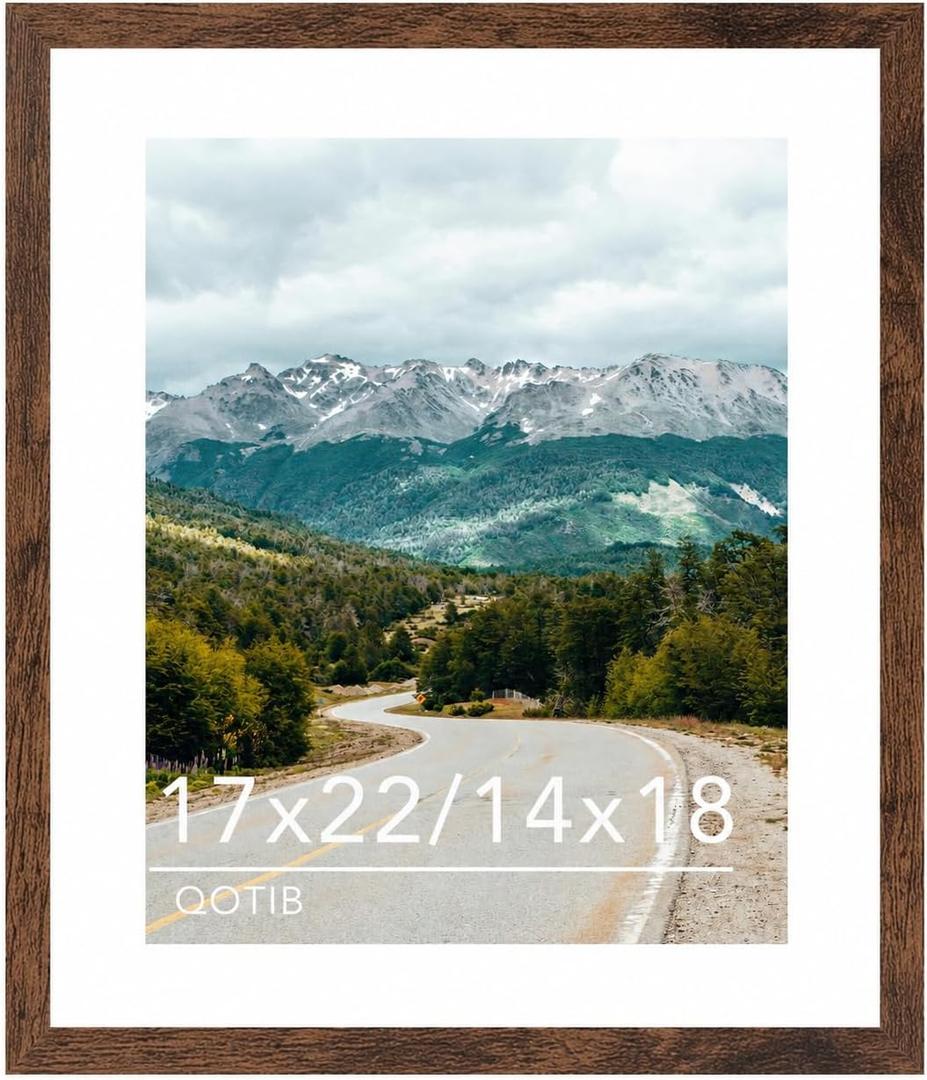 Wood 17x22 Picture Frame with 14x18 Mat Deep Brown, Display 14x18 with Mat or 17x22 Without Mat, Wood 17 by 22 Photo Frame, 17 x 22 Frame for Wall Hanging Display, Deep Brown