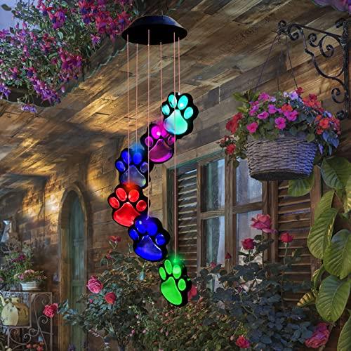 Paw Print Solar Wind Chimes for Outside, Dogs Cat Pet Pawprint Remembrance Wind Chimes, Waterproof Color Changing Solar Hanging Lights, Sympathy Gift for Pet Lover, Balcony, Patio, Yard Decor