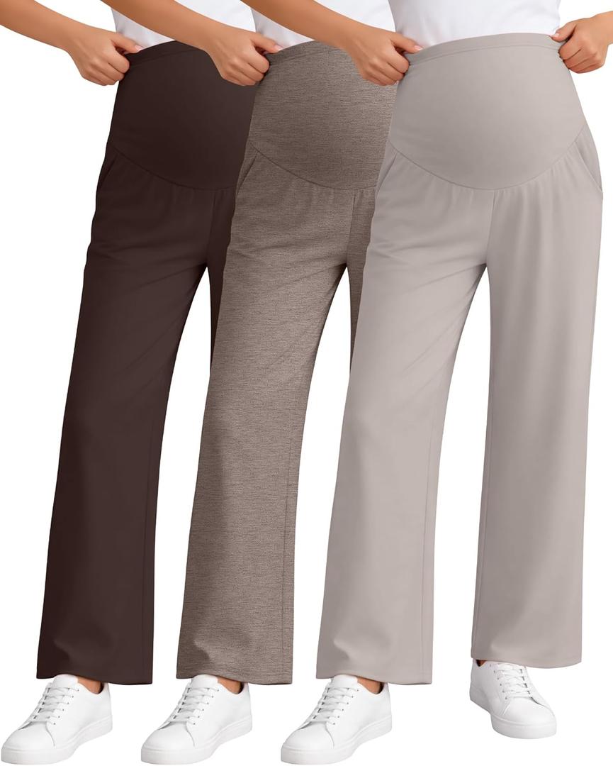 3 Pack Women's Maternity Pants Loose Wide Leg Pregnancy Sweatpants Over the Belly Lounge Pants Pajama with Pockets(Dark Brown, Light Coffee, Gray Apricot,X-Large)