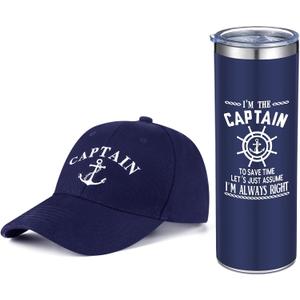 Handepo Boating Accessories Gifts for Men Boat Captain Cap I'm Captain Tumbler Boating Baseball Cap Nautical Cups Stainless Steel Coffee Mug for Father's Day christmas Summer Gifts(Navy Blue)