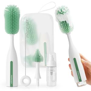 Momcozy Bottle Brush Kit Pro, Innovative Push-Press Design for Deep Cleaning - Bottle Cleaner Brush for Bottle/Breast Pumps/Nipple - Clog-Free Brush & Foam-Generating Design for Better Cleaning, Green