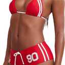 WDIRARA Women's Graphic Halter Triangle String Bikini Set 2 Piece Swimsuit with Shorts (Red and White) S