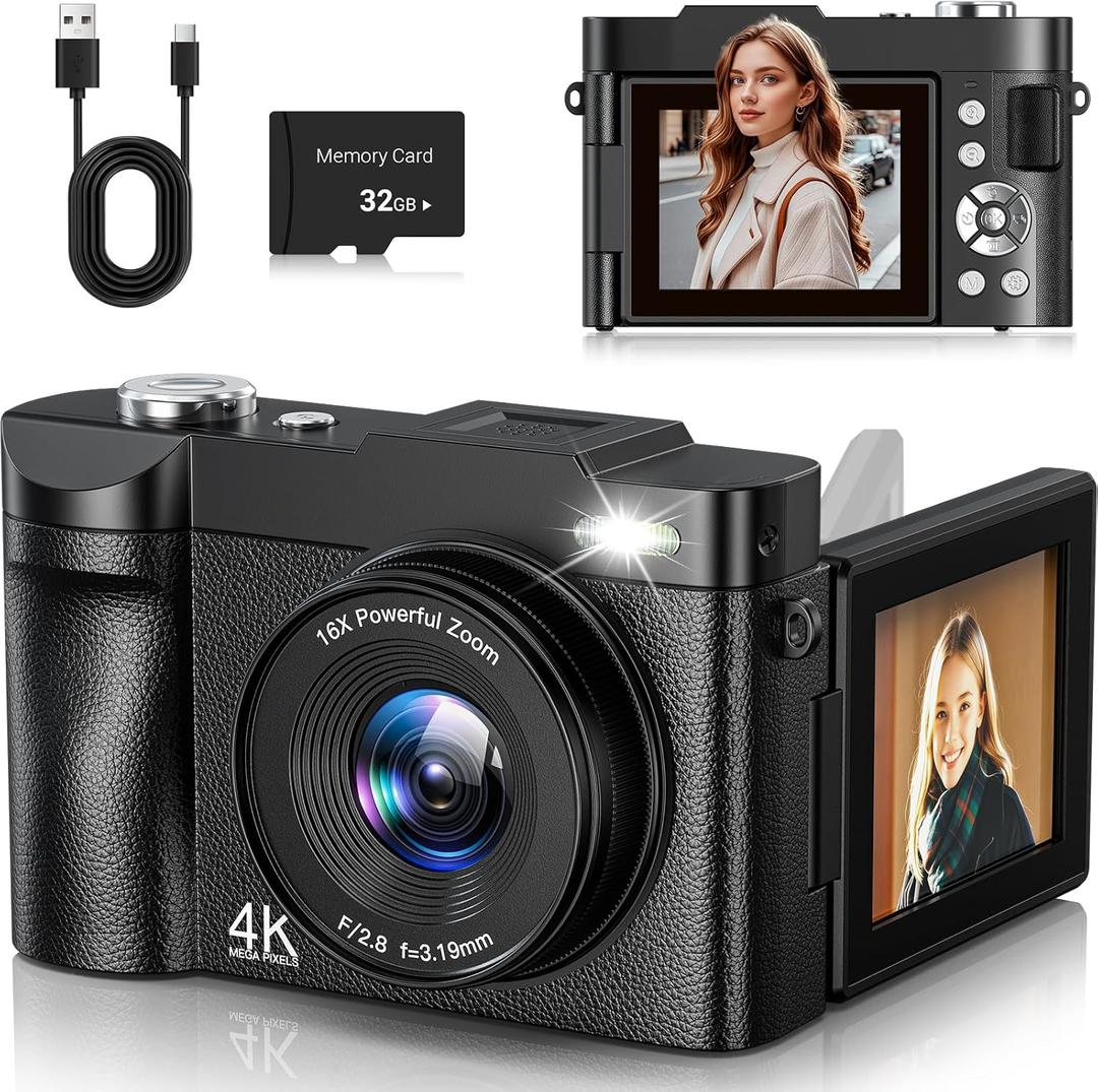 4K Digital Camera 50MP Autofocus Vlogging Camera for YouTube with 2.8" 180 Flip Screen, 16X Digital Zoom Camera with 32GB Card for Beginner Boys Girls