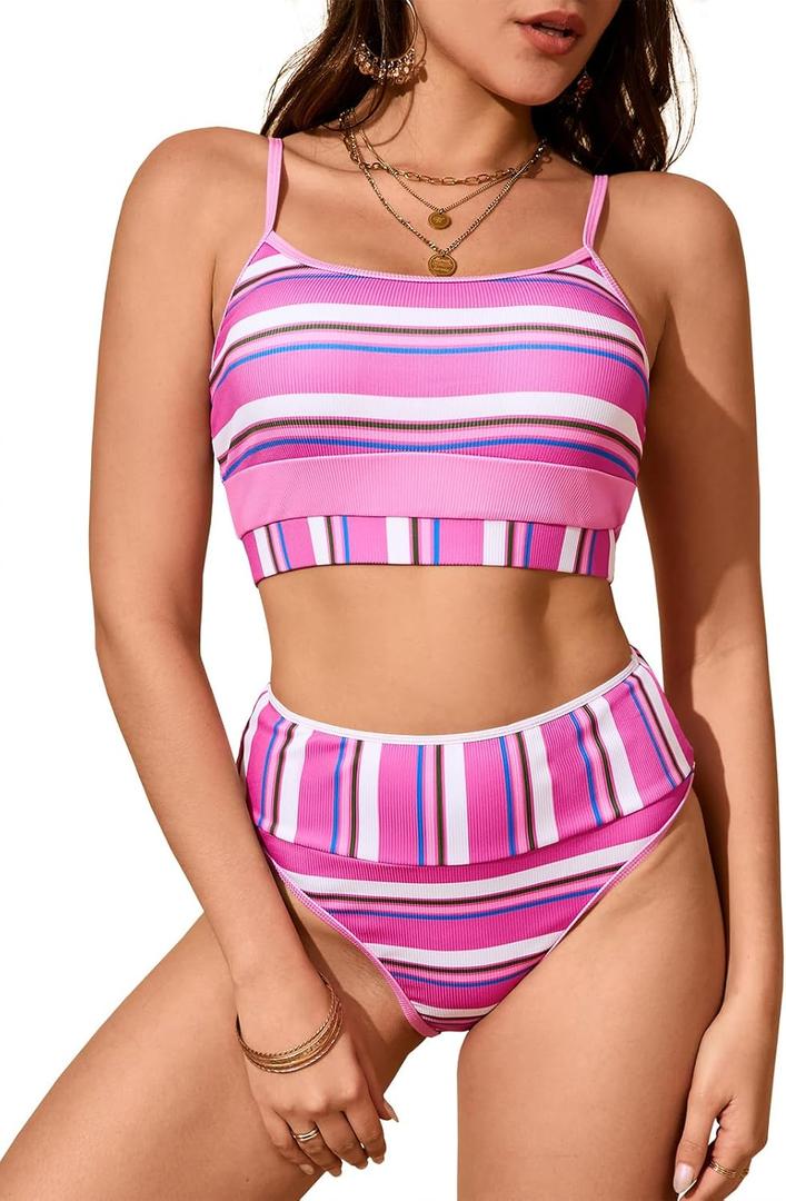 Fisoew Womens 2 Piece High Waisted Bikini Sets Color Block Sporty Striped Swimsuit 2025 Summer Ribbed Bathing Suits (Small, Pink)