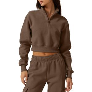 QINSEN Womens Half Zip Crop Sweatshirt High Neck Long Sleeve Pullover Cropped Top (Large, Chestnut)