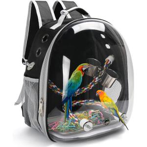 Bird Backpack Carrier, Travel Bird Cage for Small Medium Size Parrot Parakeet Budgies Cockatiel, Portable Clear Bubble Window Bag with Stainless Steel Tray Food Bolw Standing Perch (Black)