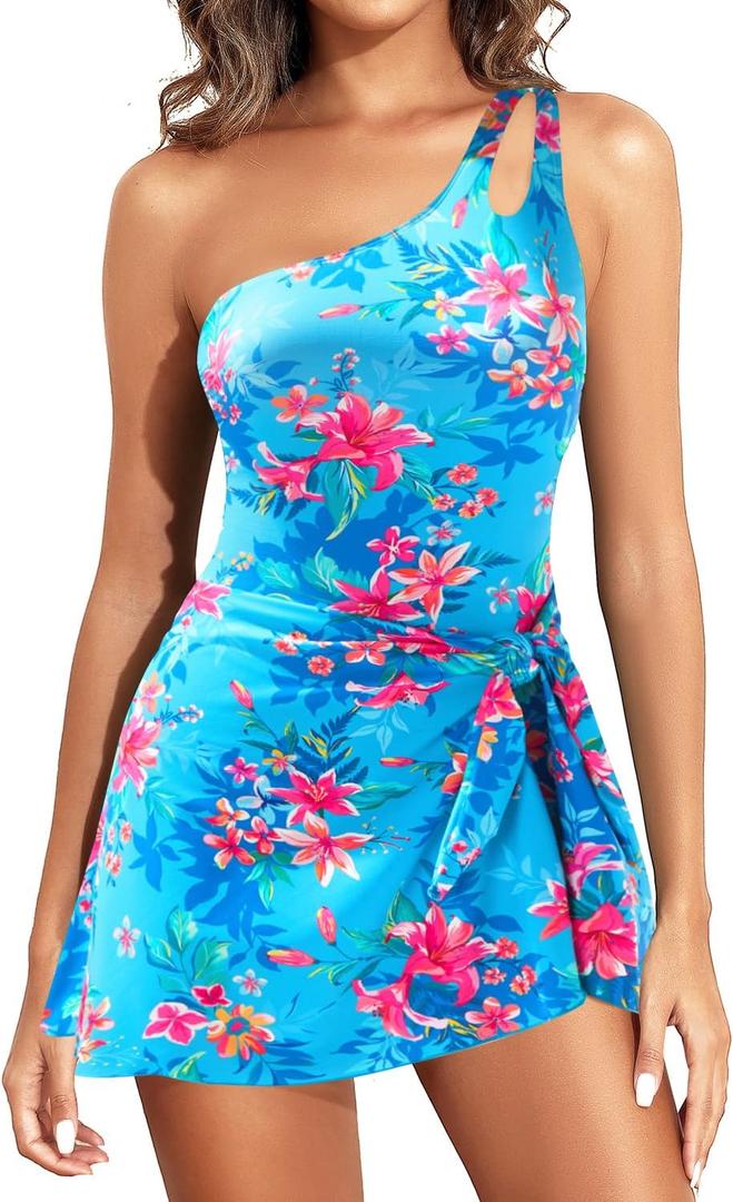 One Piece Swim Dress for Women - One Shoulder Tummy Control Swimsuit with Skirt 2025 Skirted Bathing Suit Swimdress (Small, Blue Floral)
