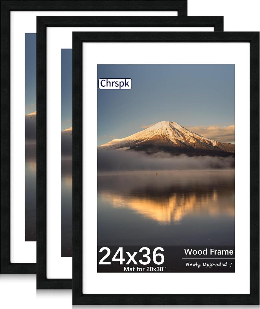24X36 Poster Frame, Display Pictures 20X30 with Mat or 24X36 Without, Wall Hanging Frames, Black, 3 Pack