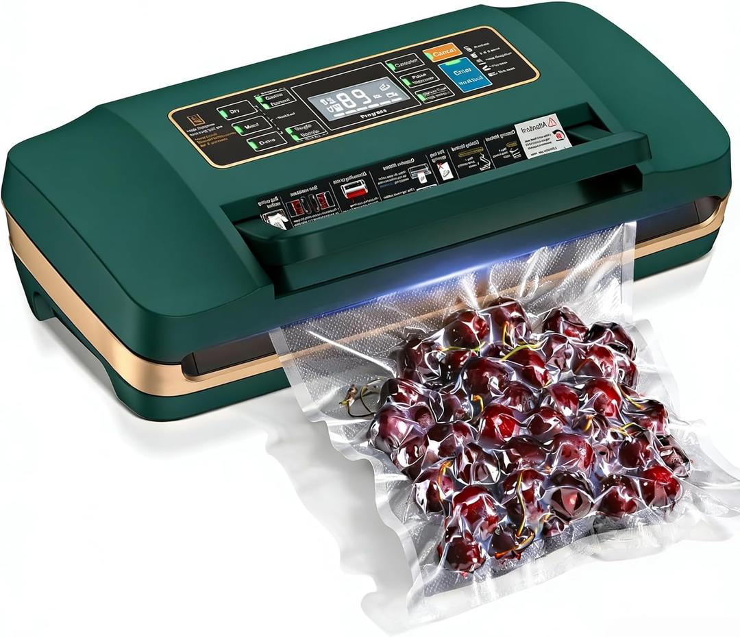 95kpa Vacuum Sealer Machine,Commercial Full Automatic Food Sealer,Powerful Sealing System with Double Heat Seal,Bags Storage,Easy-Lock Handle,Build-in Cutter,1 Bag Rolls and 10 pcs Pre-cut Bags(Green)