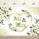 7x5ft Wedding Backdrop Mr and Mrs White Flowers Green Leaves Heart Bridal Background Wedding Party Supplies Engagement Glitter Spots Wall Banner Decoration Photography Photo Studio Props