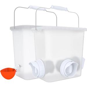 Automatic Chicken Feeder and Waterer Set Chicken Feed Bucket with 3 Feeders Ports Poultry Waterer Water Cups (2.6 Gal and 16 LB, Frosted)