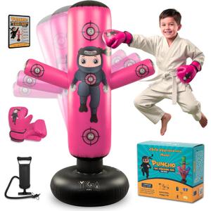 PUNCHO Punching Bag for Kids - 63" Kid Boxing Bag Set & Birthday Gift: Kids Punching Bags 3-8 with Gloves, Pump, PUNCHO eBook - Inflatable Punching Bag for Kid 8-12 with 5 Targets for Speed Boxing (Pink)