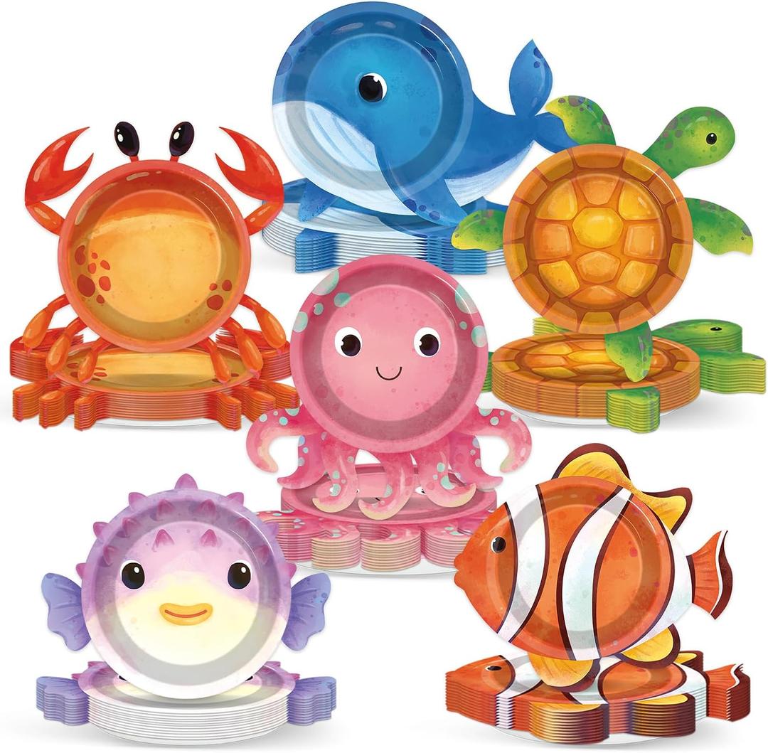 Justforjoyful 48Pcs Ocean Animal Shaped Paper Plates Under the Sea Party Supplies Sea Animal Tableware 7In Underwater Dinner Plates for Boys Girls Marine Animal Birthday Party Baby Shower Decorations
