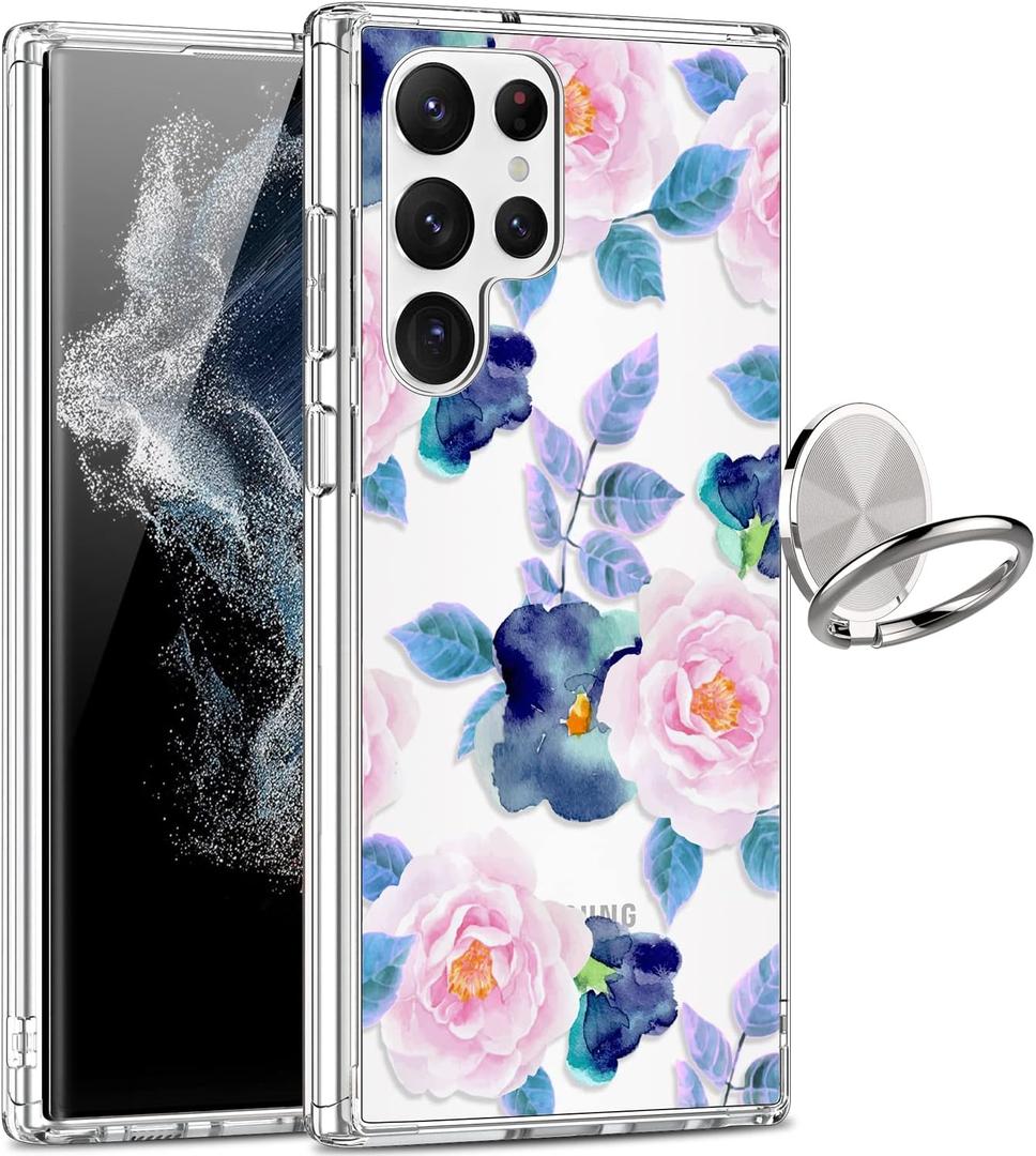 GiiKa for Galaxy S22 Ultra Case, Clear Girls Women Heavy Duty Shockproof Protective Hard Phone Cover Case for Samsung Galaxy S22 Ultra, Pink Blue Flowers