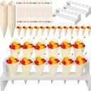 Queekay 150 Disposable Charcuterie Cones with 2 Pack 12 Holes Wooden Ice Cream Cone Display Stand Charcuterie Holder Stand 150 Fancy Toothpicks for Appetizers Wedding Decoration(White)