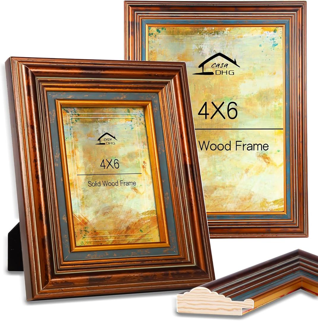 2 Pack 4x6 Vintage Gold Photo Frames with Real Glass Front  Elegant Wall/Tabletop Display for Home, Wedding & Old Photos