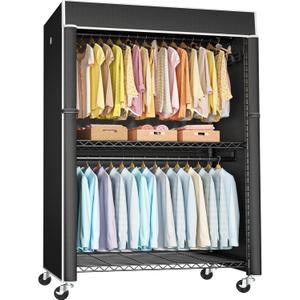 FUTASSI Black Clothing Rack with Black Cover, P1C Plus Rolling Closet with Wheels, Metal Garment Rack for Hanging Clothes, Clothing Storage Wardrobe, 46" W x 18.5" D x 80.7" H, Load 524 Pounds