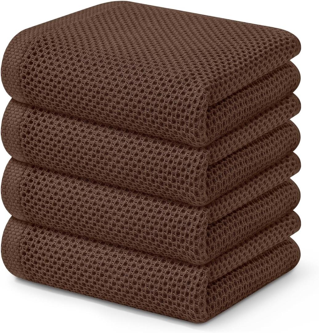 Kitinjoy 100% Cotton Waffle Weave Kitchen Hand Towels (13 X 28 Inches, Coffee), 4-Pack Super Soft and Absorbent Dish Towel for Drying Dishes