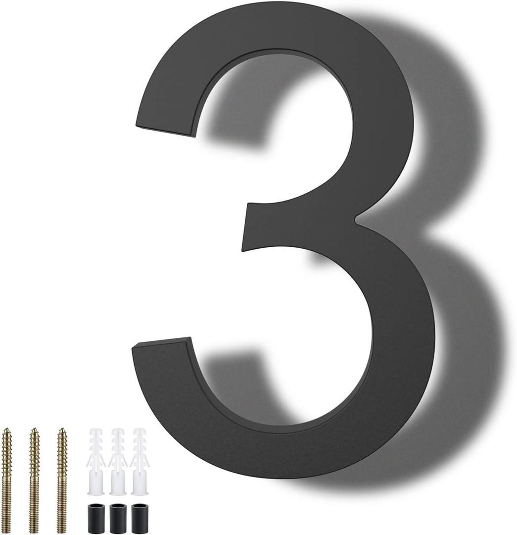 DEWEL 8 Inch Large Floating House Numbers, Black Acrylic Address Numbers for Outside, Modern 911 Visibility Signage with Mounting Nail Kit, Weatherproof Exterior Decor for Garage Gate Mailbox Wall (Number 3)