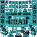 2026 Graduation Decorations, Teal Graduation Decorations Set with Congrats Grad Banner & Backdrop, Porch Sign, Hanging Swirls, Balloons, Honeycomb Centerpieces for Congrats Grad Party Decorations