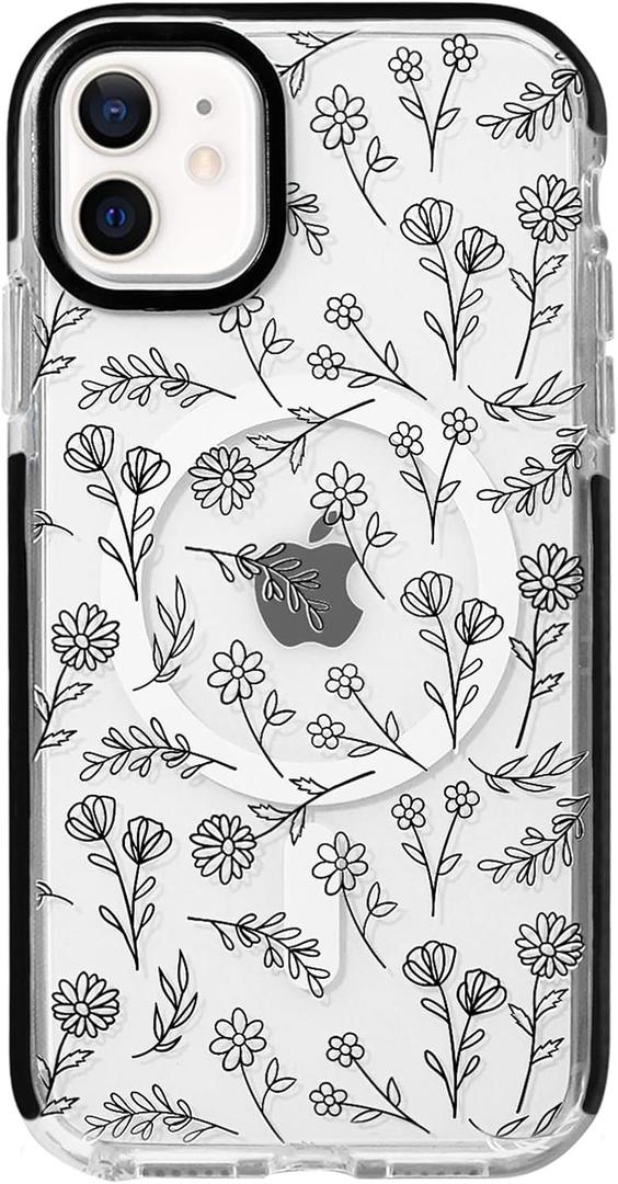 NITITOP Compatible with iPhone 12/12 Pro Magnetic Case [Compatible with Magsafe] Cute Clear for Women Girls Flower Floral Ultra Slim with Bumper Soft TPU Anti-Yellow Cover - Clear Black