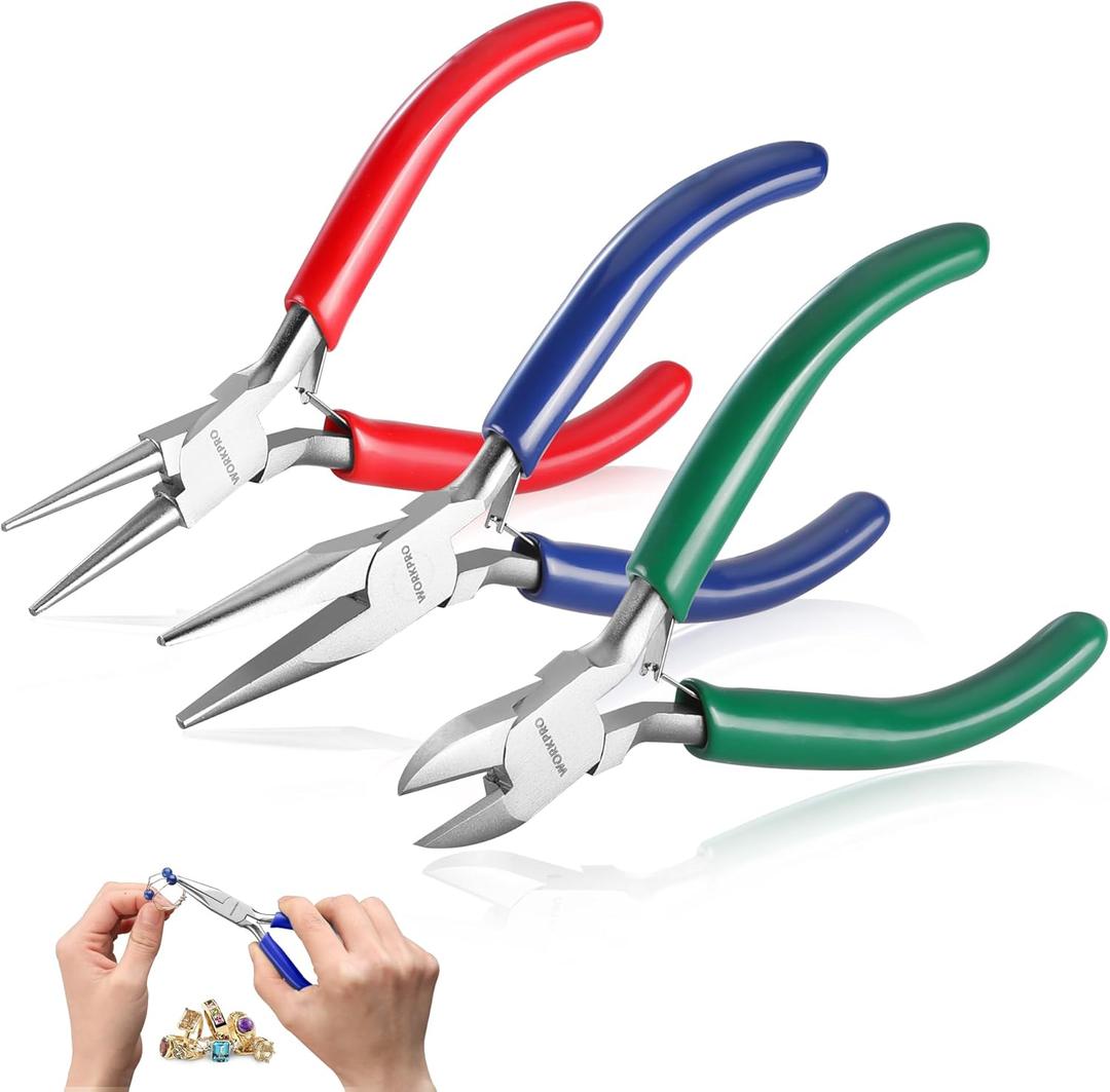 WORKPRO Jewelry Pliers Set, 3 Pack Jewelry Making Tool Kit- Needle Nose Plier/Chain Nose Plier, Round Nose Plier and Wire Cutter for Charm Bracelet, Jewelry Repair, DIY Crafts, Jewelry Making Supplies (Dark Blue, Dark Green, Red)