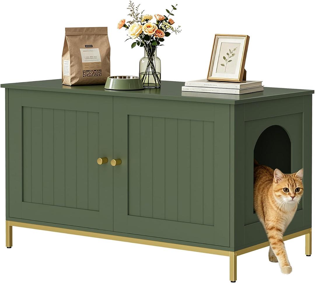 Homhedy 35.4" L Cat Litter Box Enclosure with Metal Frame, Green and Gold