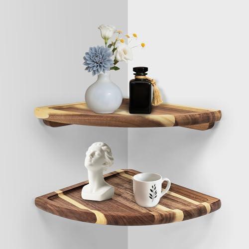 wyzqyam Floating Corner Shelve, 9.84 Inch Acacia Wood Corner Shelf Set of 2, Corner Shelf Wall Mounted for Living Room, Bedroom, Bathroom, Office, Kitchen (Natural Wood Colour)