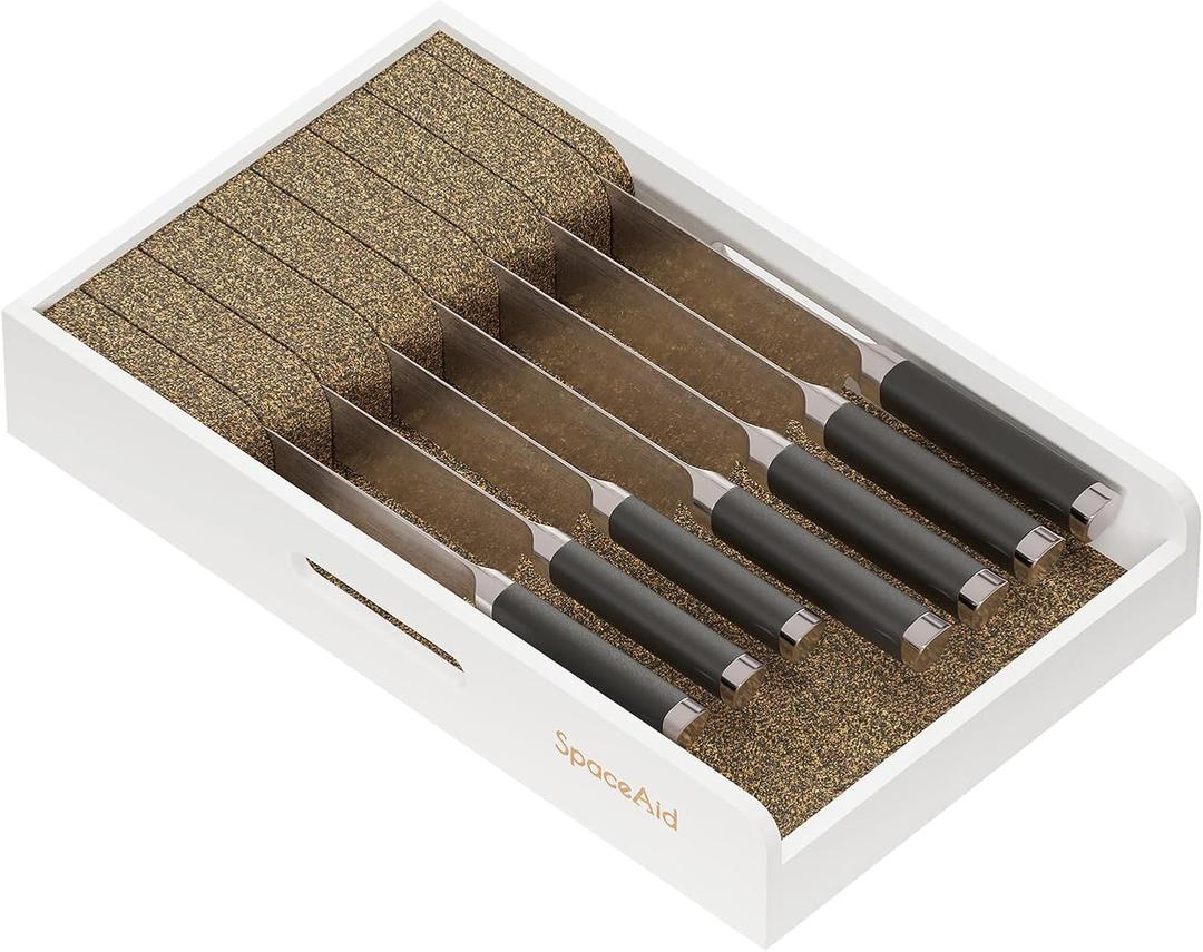 SpaceAid Knife Drawer Organizer 9 inches Wide Bamboo Insert Dock, Kitchen Steak Knives Holder Organizers Block for Drawer in Storage Organization (Medium, White)