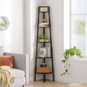 Hoctieon Corner Shelf, 5-Tier Corner Bookshelf, Rustic Ladder Shelf, Industrial Display Stand for Living Room, Kitchen, Home Office, Balcony, Small Space, Metal Frame, Black 