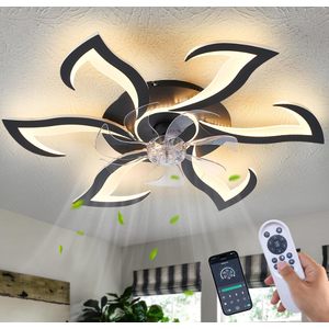 Yfrest Modern Ceiling Fan with Light and Remote, Low Profile Ceiling Fans with Lights, 32 Inch Black Flush Mount Ceiling Fan with 3 Light Color 6 Speeds, Fandelier Ceiling Fans for Kitchen Bedroom 