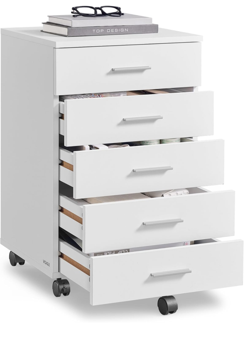 VASAGLE File Cabinet, Mobile Pedestal Filing Cabinet with Wheels, Printer Stand with 5 Drawers, Tool-Free Sliding Rails, for Study, Home Office, Ink Black UOFC081BC02