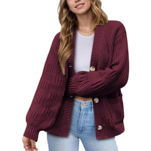 VIMPUNEC Womens Fall Chunky Knit Cardigan Sweaters Casual Button Down Jackets Long Sleeve Oversized Open Front Coats (Red, XL)