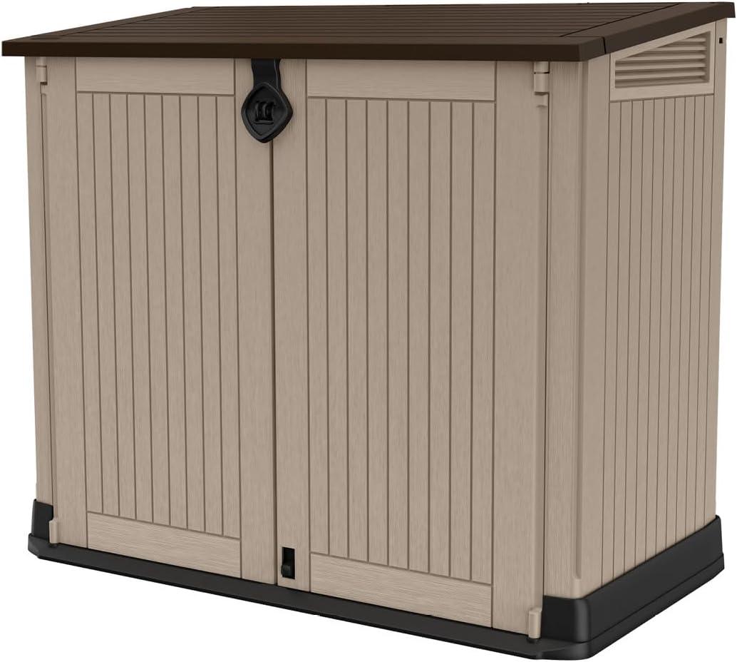 Keter Store-It-Out MIDI Outdoor Resin Storage Shed Weather-Resistant Horizontal Cabinet for Trash Cans, Garden Tools & Patio Accessories Lockable, Easy-Lift Lid, 30 Cu. Ft. Capacity, Beige