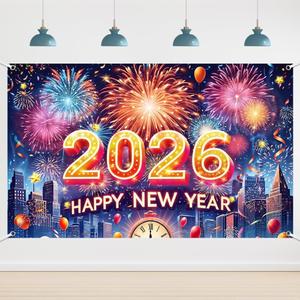 6x3.6ft Happy New Year 2026 Banner Mufti-Color New Years Decorations 2026 New Years Eve Party Supplies Banner Photography Background Party Banner Photo Studio Props