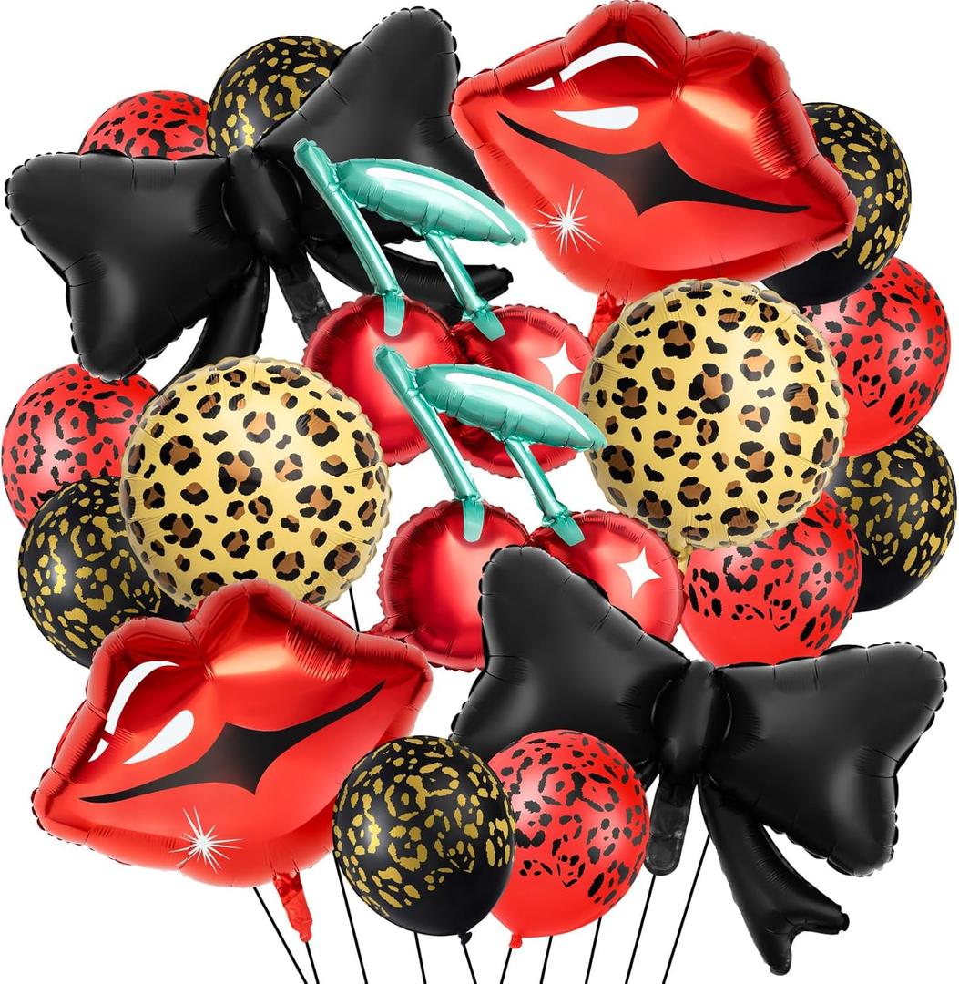 Realspring 18 Pcs Red and Black Party Decorations Kit 12 Leopard Cheetah Print Birthday Balloons Cherry Cheetah Red Lips Black Bow Foil Balloons for Kiss the Miss Goodbye Baby Shower Retro Party