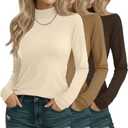 3 Pack Cotton Women's Mock Turtleneck Shirts Long Sleeve Mock Neck Tops Casual Pullover Basic Tees Undershirt (X-Large, Apricot, Khaki, Brown)