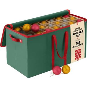 128 Ornament Storage Box, Adjustable Dividers, Stackable Holiday Ornament Organizer with Lid, Durable Fabric Bin for Christmas Decorations  Reinforced Handles, Dustproof, Space-Saving Design (Green)