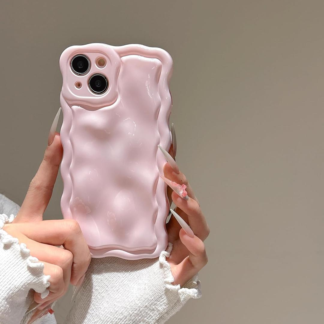 FABSPARK Case for iPhone 15 Pro, Cute 3D Solid Color Meteorite Bubble Water Ripple Curly Wavy Frame Case, Soft TPU Shockproof for iPhone 15 Pro 6.1 Inch, Cream Pink