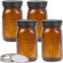 4 Pack 32 oz Amber Wide Mouth Mason Jars with Airtight Lids and Black Plastic Mason Jar Lids, Amber Canning Jars