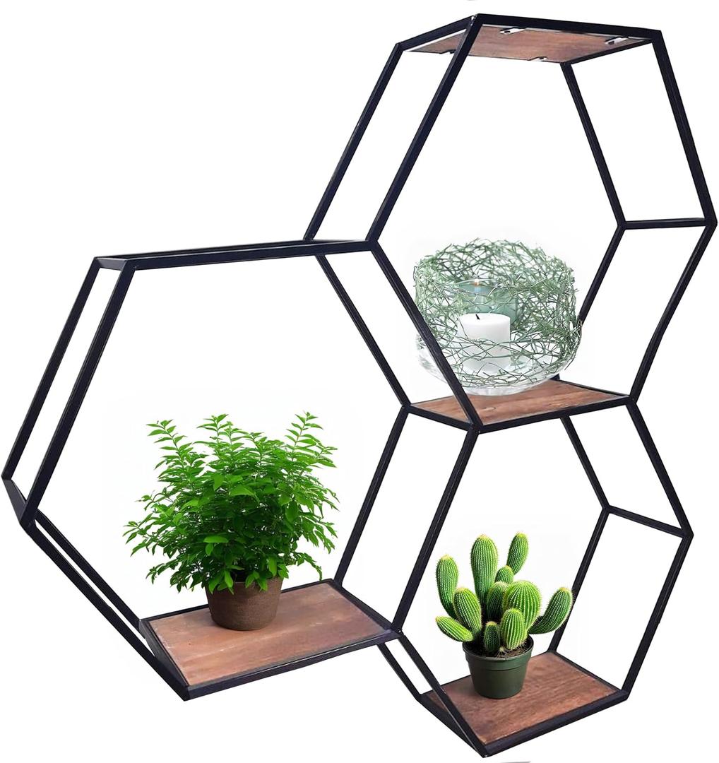 Admired By Nature 3 Tier Floating Shelves Wall Mount Shelf, Farmhouse Shelf for Wall Decor, Display Shelf, Hexagon, Honeycomb Rustic Wood Wall Mounted Organizer for Home Decor, 1 Unit