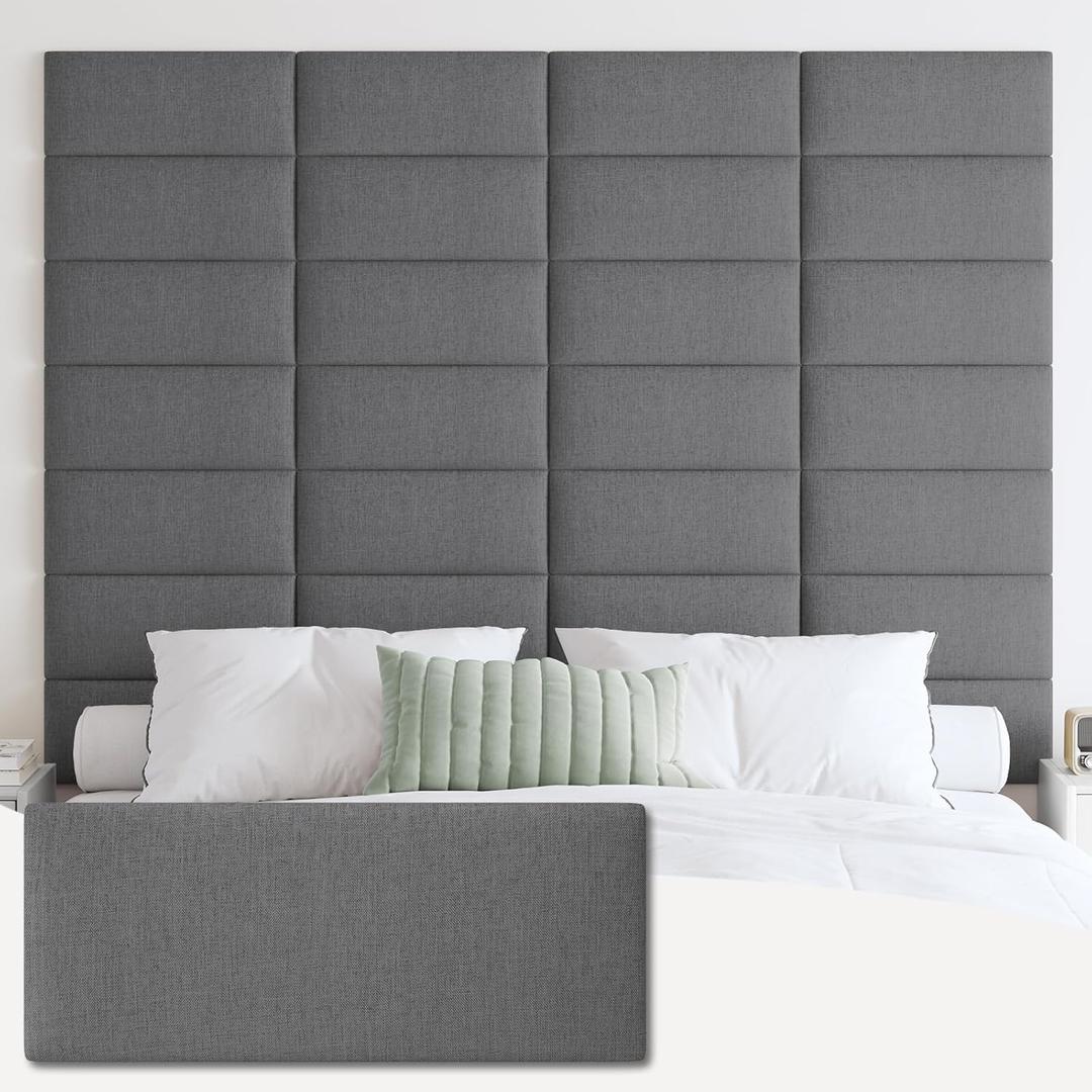 Upholstered Wall Mounted Headboard, 3D Soundproof Wall Panels Peel and Stick Headboard for Queen Size, Reusable and Removable Tufted Bed Headboards in Dark Grey(9 Panels, 10" x 24") (Fabric-dark Grey)