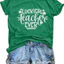 Luckiest Teacher Ever Shirt Women St Patricks Day T-Shirt Funny Teacher Gift Tee Causal Short Sleeve Tops (Green, L)