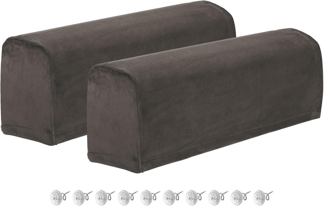 uxcell 2Pcs Stretch Armrest Covers, Polyester Soft Couch Armchair Cover Non-Slip Chair Arm Rest Slipcovers for Sofa Recliner Twist Pins, Khaki