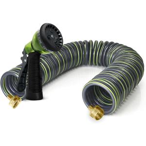 Coil Hose 25FT EVA Coil Garden Hose With 3/4'' Brass Connector Coiled Water Hose Lightweight And No Kink Includes 7 Patterns Spray Nozzle For Outdoors Lawn Watering Car Washing