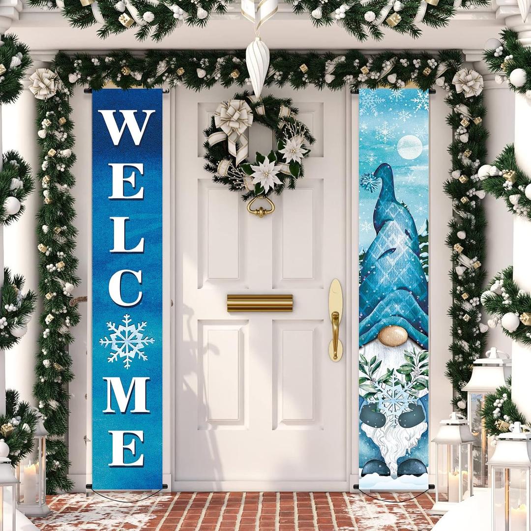 2 Pcs Christmas Porch Banners Winter Gnome Porch Sign Christmas Hanging Welcome Banner Flag Snowflake Xmas Welcome Banners for Home Door Decor Outdoor Indoor Holiday Party Supplies 71 x 12 Inch